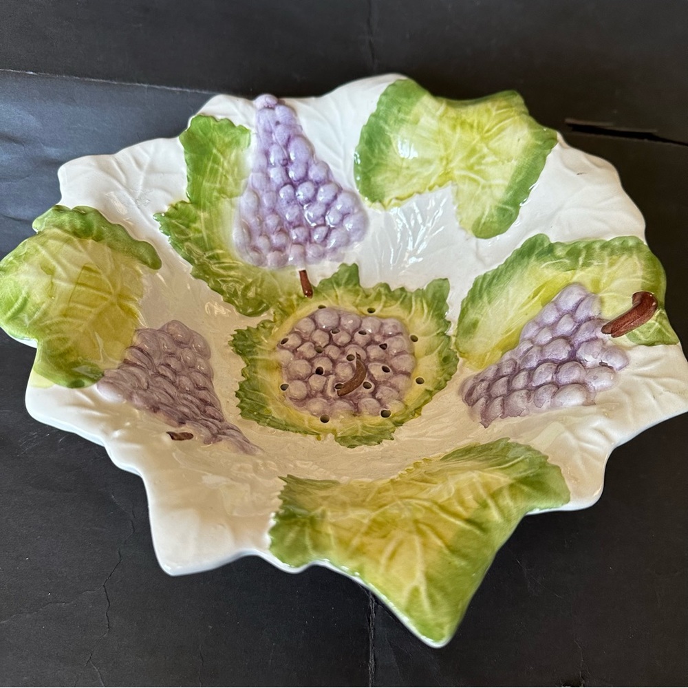 Vintage Ceramic Colander Strainer Grapes And Leaves Design